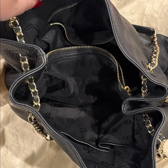 Black Leather Tory Burch Tote Bag with Chain Straps - Picture 3 of 4